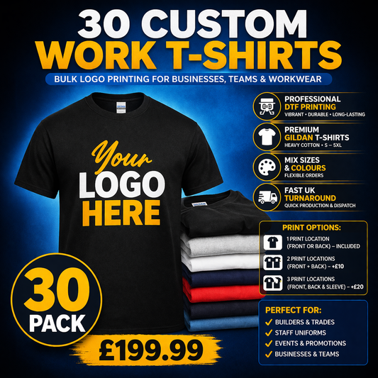 30 Custom Workwear T-Shirts – Bulk Logo Printing for Businesses UK