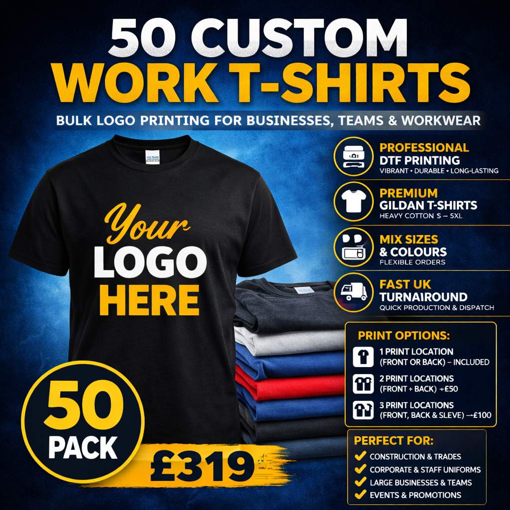 50 Custom Workwear T-Shirts – Bulk Logo Printing for Businesses UK