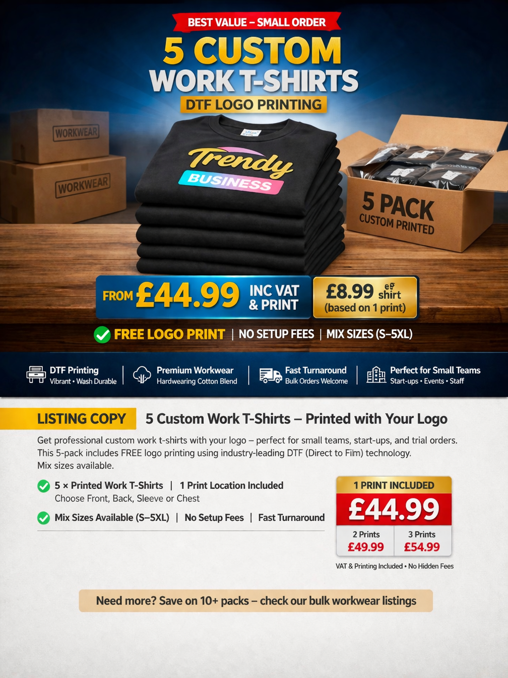 Custom Workwear T-Shirts (Pack of 5)- Logo Printing, Bulk Uniforms UK