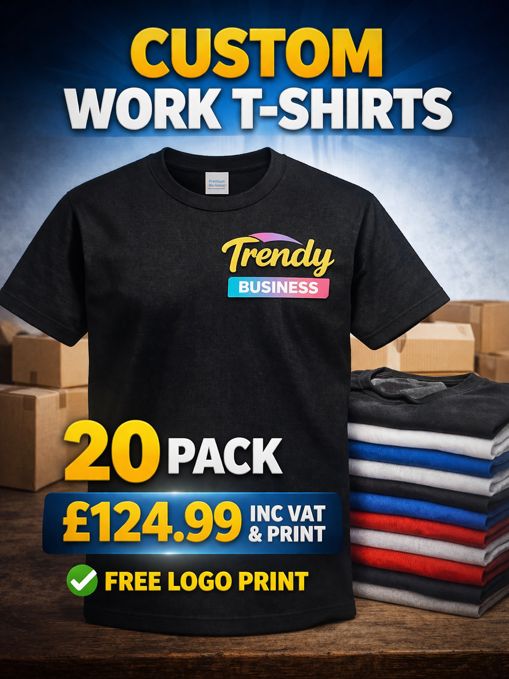 20 Custom Workwear T-Shirts- Bulk Logo Printing | Business Logo Uniform Bundle